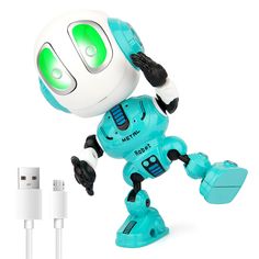 a blue and white robot is next to an outlet plugged into a charger