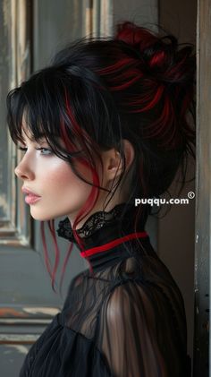 Black Hair With Red, Hair With Red Highlights, Black Hair With Red Highlights, Edgy Vibes, Oc Maker, Dip Dye Hair, Goth Hair