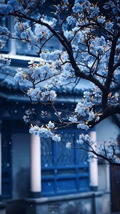 a tree in front of a building with blue doors and snow falling on the ground