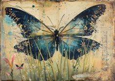 a painting of a blue butterfly on a piece of paper with grass and flowers in the foreground