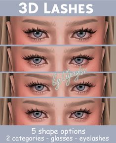 three different types of eyelashes with the words 3d lashes on top and bottom half of each eye