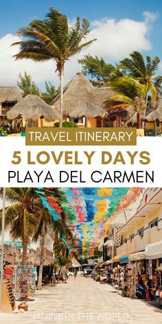 the beach with palm trees, that reads travel itinerary 5 lovely days playa del carmen