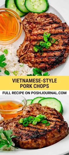 vietnamese style pork chops with rice and cucumbers on the side, in front of