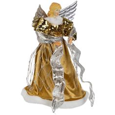 a gold and silver angel ornament with wings on it's back, wearing a golden dress