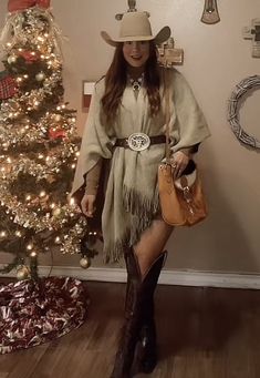 Western Style Outfits Winter, Sweater Dress Cowboy Boots, Christmas Cowgirl Outfit, Knee High Western Boots Outfit, Christmas Western Outfit, Western Christmas Party Outfit, Cowboy Christmas Outfit