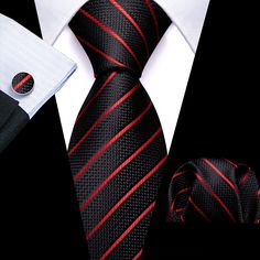 Men's Black Suit with black red tripes tie hanky cufflinks set Black Suit And Tie Accessories For Business Meetings, Red Business Ties For Father's Day, Red Ties For Father's Day, Red Standard Tie For Business, Necktie Pattern, Champagne Shirt, Burgundy Vest, Purple Bow Tie, Orange Suit