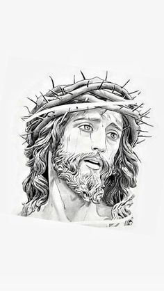 the face of jesus with crown of thorns on his head, drawn in black and white