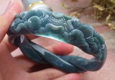 Certified Hand Carved Blue Water Green Natural Myanmar Burma A JADE Jadeite Rose Flower Knotted Circle Bangle Bracelet 66mm Include Bangle BoxFREE Inter size      65.9 mm Width size     18.1 mm JADEITEUndyed, 100% Natural Burma A Jade Jadeite ColorSee Photo All Bangle come with certificate Luxury Carved Jade Bangle, Carved Jade Bracelet, Jade Accessories, Cool Rings For Men, Blue Jade, Jade Bangle, Jade Bracelet, Jade Carving, Jade Jewelry