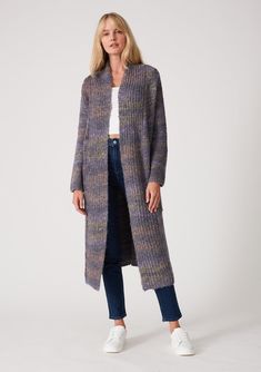 [Color: Denim Multi] A front facing image of a blonde model wearing a multi color blue knit long duster cardigan. A bohemian sweater coat with long sleeves Bohemian Cardigan, Multicolor Knit, Long Shawl, Long Duster, Fuzzy Cardigan, Shawl Cardigan, Long Sweater, Tank Top Camisole, Cute Everyday Outfits