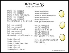 the words shake your eggs are written in black and white, with yellow circles around them