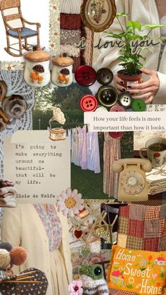 a collage with many different pictures and words on it's side, including buttons