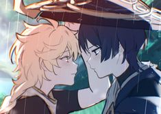 two anime characters standing in the rain with their heads close to each other's faces