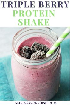 a mason jar filled with fruit and protein shake