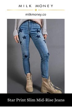 Our Star Print Slim Jeans are a pants we will wear all summer long! These mid-rise jeans feature a button closure and zip fly, as well as 5 pockets. A fun star patch detail adds the finishing touch on these perfect fitting jeans. Women's Jeans/ Women's Clothing/ Star Print Slim Mid-Rise Jeans/ Denim/ Aesthetic Jeans Casual Cotton Jeans With Star Patch, Trendy Star Print Jeans, Trendy Straight Leg Star Print Jeans, Trendy Straight Leg Jeans With Star Print, Trendy Cotton Jeans With Star Patch, Trendy Denim Pants With Star Print, Trendy Denim Blue Jeans With Star Patch, Star Print Straight Leg Denim Bottoms, Trendy Straight Leg Bottoms With Star Print