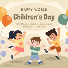 children's day card with three kids jumping in the air and balloons floating around