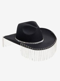 Yeehaw! Grab your rhinestone cowboy hat and head out for a night of two-step. This black cowboy hat features rhinestones around the crown and rhinestone fringe along the front and back of the brim. Fringe Cowboy Hat, Rhinestone Cowboy Hat, Trendy Denim Jacket, Rhinestone Cowboy, Black Cowboy Hat, Rave Fits, Cowboy Design, Rhinestone Fringe, Black Cowboy