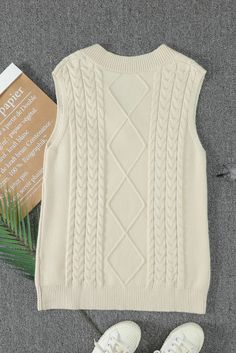 Beige Sleeveless Cable Knitted Sweater Tank Tank Design, Out Of Shape, Sweater Tank, Winter Sweaters, Knitted Sweater, Shoulder Length, Cable Knit, Long Sleeve Sweater, Sweaters & Cardigans