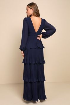 Graceful Finesse Navy Blue Pleated Long Sleeve Maxi Dress Elegant Tiered Chiffon Dress, Elegant Tiered Maxi Dress With Ruched Bodice, Fitted V-neck Chiffon Dress With Pleated Bodice, Elegant Tiered Maxi Dress For Date Night, Elegant Blue Tiered Maxi Dress, Gathered Bodice, Lulu Fashion, Dress Pleated, Adhesive Bra