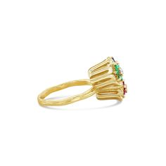 a yellow gold ring with multicolored stones on the sides and an open band