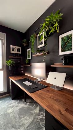 a desk with a laptop computer on top of it next to a potted plant