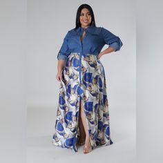 This Non-Stretch Dress Features A Collar And V Neckline, Along With Long Sleeves. It Is Crafted From A Denim Top And Satin Maxi Skirt, With A Button Closure. It Is Composed Of 100% Polyester. Blue Party Dress With Button Closure, Blue Button-up Maxi Dress For Casual Wear, Blue Button-up Maxi Dress For Casual Occasions, Blue Maxi Shirt Dress For Casual Wear, Casual Blue Maxi Shirt Dress, Fitted Blue Maxi Dress With Button Closure, Blue Fitted Maxi Dress With Button Closure, Blue Button-up Dress For Casual Wear, Blue Button-up Dress For Casual Occasions