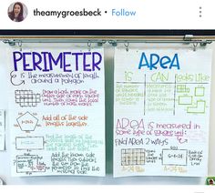 two pieces of paper with different types of writing on them, one is perimeter and the other is area