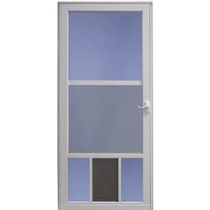 a white door with blue and grey panels on the glass side panel, which is open