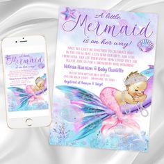 mermaid baby shower or birthday party with phone and card on white satin background, digital file available