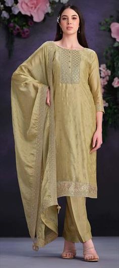 Gold color Salwar Kameez in Organza Silk fabric with Embroidered, Sequence, Thread, Zari work Pista Green Dola Silk Salwar Kameez For Festive Occasions, Pista Green Salwar Kameez With Dupatta In Art Silk, Festive Pista Green Dola Silk Salwar Kameez, Pista Green Straight Kurta Churidar In Dola Silk, Transitional Pista Green Salwar Kameez With Resham Embroidery, Eid Lawn Suit With Resham Embroidery In Art Silk, Pista Green Art Silk Churidar With Resham Embroidery, Eid Unstitched Pista Green Chinon Suit, Eid Special Unstitched Pista Green Chinon Suit