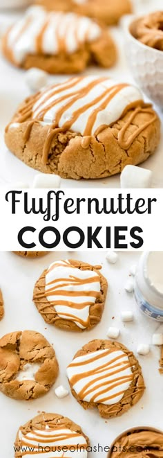 a close up of some cookies with icing on them and the words fluffernuter cookies