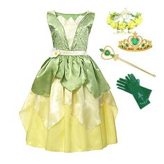 Color: Princess Tiana Set, Sizes: 2T Princess Tiana Costume, Princess Tiana Dress, Tiana Costume, Princess Dresses Kids, Anna Et Elsa, Frog Dress, Tiana Dress, Tiana Disney, Anna Und Elsa