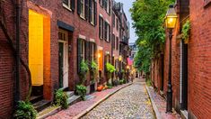 a cobblestone street lined with red brick buildings and green trees on either side