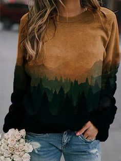 Casual Graphic Tops Round Neck Long Sleeve Mountain Printed Sweatshirts Granola Outfits, Take Me To The Mountains, Mountain Fashion, Tunic Tops Casual, To The Mountains, Graphic Tops, Sweatshirts Online, Loose Outfit, Fashion Gallery