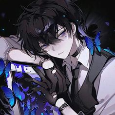 an anime character with black hair and blue butterflies on his shoulder, holding onto the arm of another character