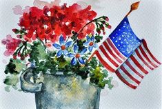 an american flag and flowers in a teacup with watercolors on paper,