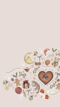 an image of a heart surrounded by christmas decorations and other holiday related items on a light pink background