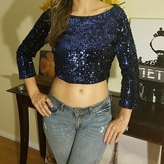 Blue Sequins Crop Top, Nwot, Cut Off Tag Tour Outfits, Sequin Crop Top, Blue Sparkle, Blue Sparkles, Boutique Tops, Ladies Boutique, Colorful Fashion, Cut Off, Dark Blue