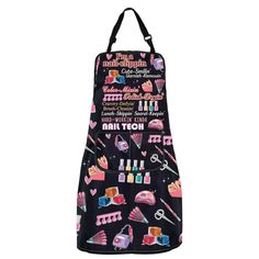 a black apron with pink and blue designs on the front, featuring various items that include makeup