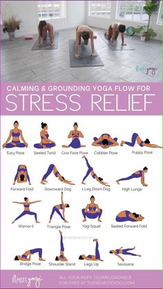 Enjoy different twists and chest openers plus more challenging yoga poses for stress relief to get your mind away from your stressors. Take a breath and enjoy this FREE yoga PDF for stress relief sequence. Challenging Yoga Poses, Gentle Yoga Flow, Yoga Challenge Poses, Puppy Pose, Bridge Pose, Gentle Yoga