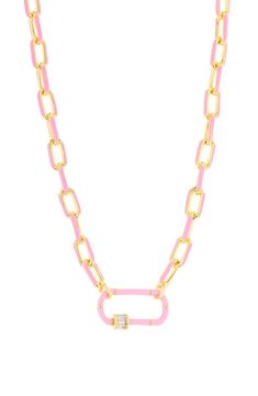 Crafted from enamel and 18-karat gold plate, this chain necklace can be worn as a singular or layered piece. 18k-gold plate/stainless steel/enamel Made in Italy Enamel Chain Necklace For Gift, Gold Enamel Necklace With Chain, Pink Link Jewelry With Adjustable Chain, Gold Enamel Necklace With Delicate Chain, Pink Chain Link Necklace For Gift, Pink Chain Link Necklace With Adjustable Chain, Trendy Enamel Necklace With Adjustable Chain, Gold Enamel Necklace With Cable Chain, Gold Enamel Necklace With Adjustable Chain