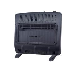 a black portable heater sitting on top of a white surface with the door open