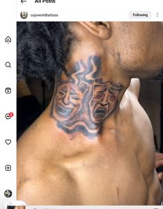 a man with a tattoo on his neck that has two faces in the middle and one behind him