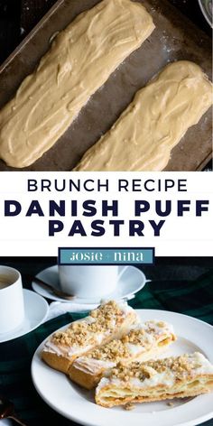 the recipe for danish puff pastry is shown on a plate and in front of it