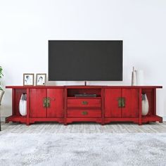 a red entertainment center in front of a white wall with the words new arrival on it