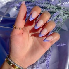 Shape In The Picture Is Medium Length 100% Sets Are Handmade And Created 100% Reusable Can Last 2-3 Weeks Please Select Correct Size Placement Press On Nails Are Handmade So Might Have Tiny Imperfections Visible But Try My Best To Make Them Perfect Violet French Nails, Nail Base, Nude Nail, Lavender Nails, Modern French, Almond Acrylic Nails