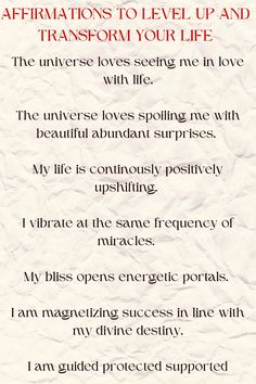 a poem written on paper with the words affirmations to level up and transform your life