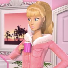 a barbie doll is holding a cup in her hand and standing next to a pink wall