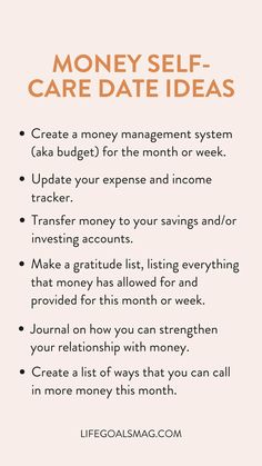 an orange and white poster with the words money self - care ideas