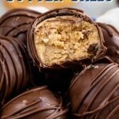 chocolate covered peanut butter balls stacked on top of each other