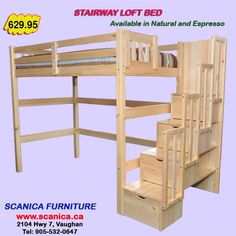 a wooden bunk bed with stairs and drawers